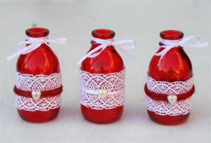 Tischdeko Vasenset rot Vintage 3-teilig mit Herz- und Perlendekor
