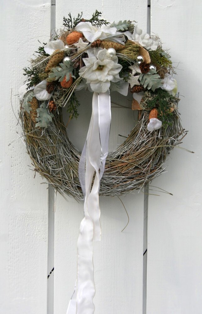 Adventskranz Türkranz künstlich weiß silber 34 cm