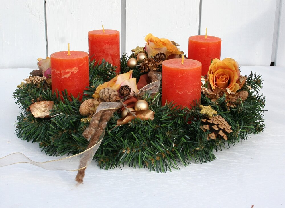 Adventskranz künstlich mit 4 orange Kerzen 47 cm