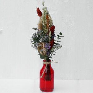 Trockenblumenstrauß mit eleganter roter Glasvase 30 cm