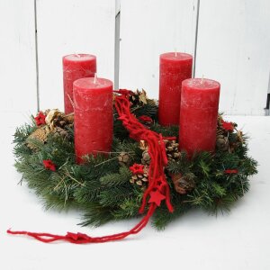 Adventskranz XL k&uuml;nstlich mit 4 roten Kerzen 48 cm...
