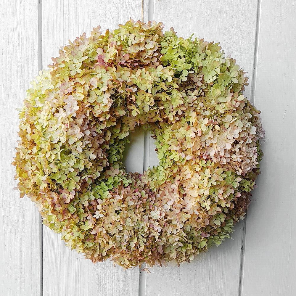 Hortensienkranz frisch gebunden - Dekoration für Tür und Wand