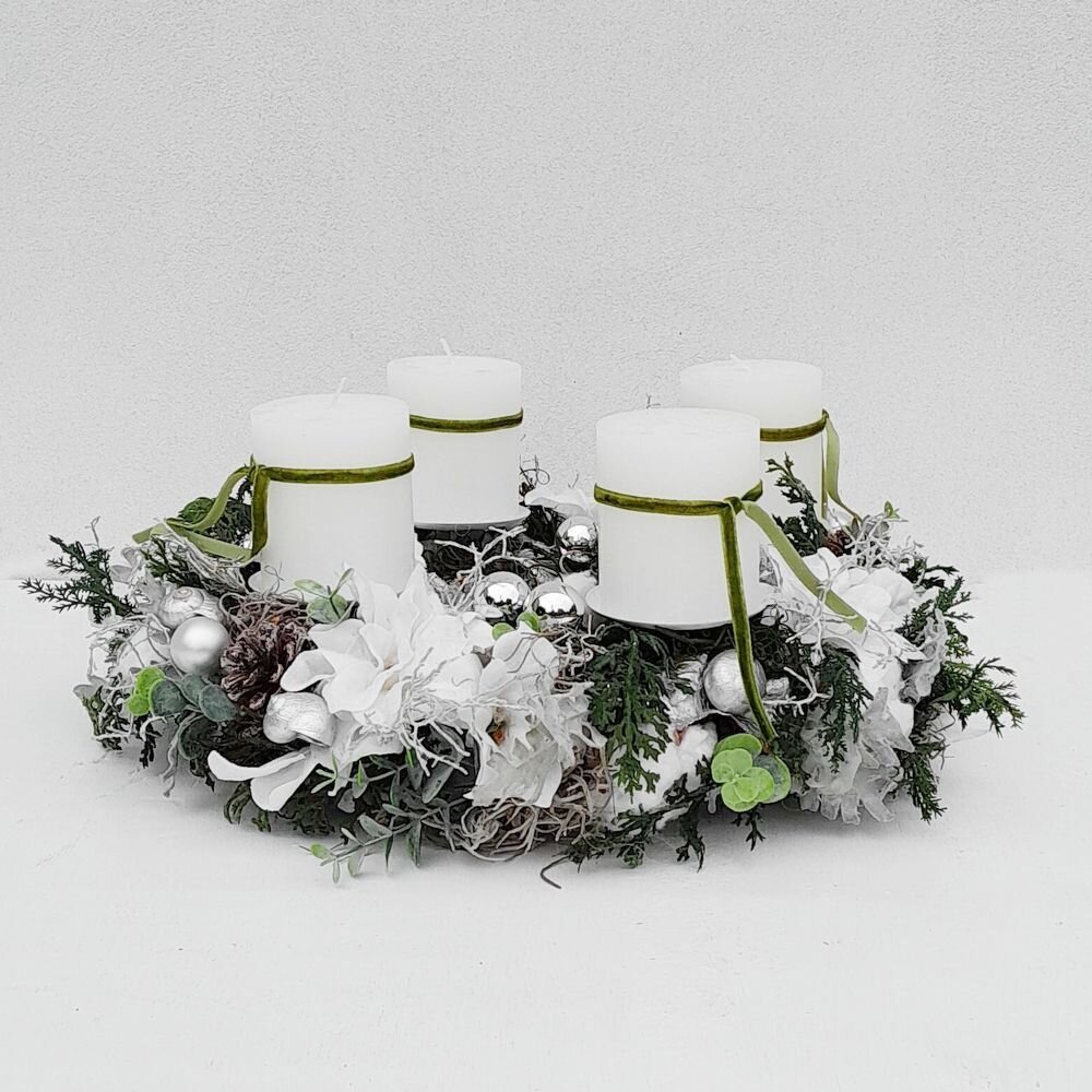 Adventskranz „Eiszauber“ – nachhaltig, Weiß, Silber & Grün, 43 cm