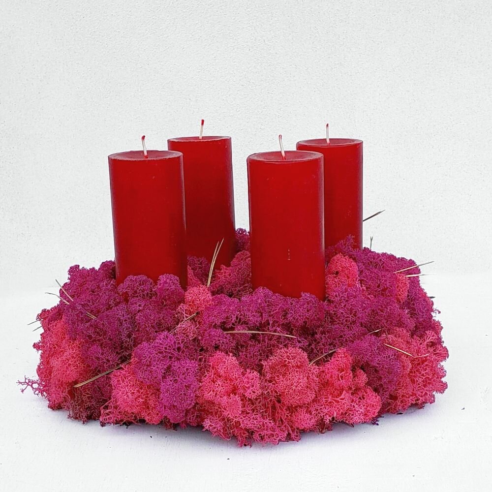 Adventskranz mit rosa und fuchsia Islandmoos und vier roten Kerzen
