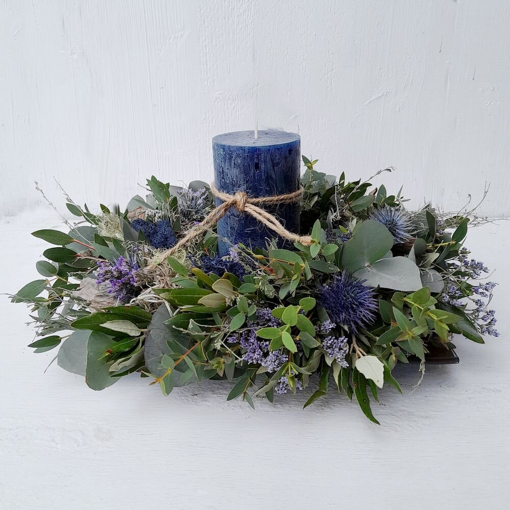 Handgefertigter Eukalyptus-Distel-Kranz – Tisch- & Wanddeko mit optionaler Kerze