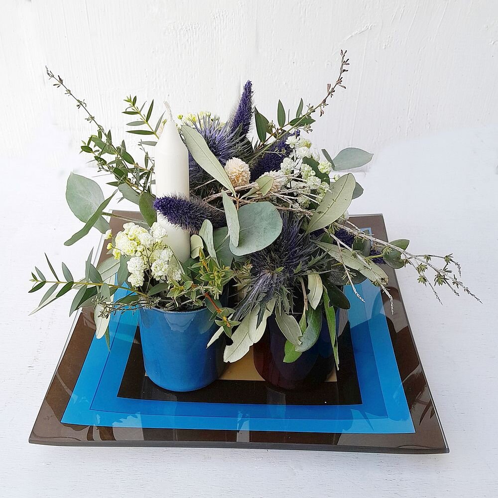 Tischdeko-Set: Glasteller + 4 Teelichtgläser, Blau-Braun