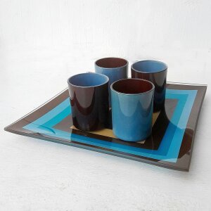 Tischdeko-Set: Glasteller + 4 Teelichtgläser, Blau-Braun