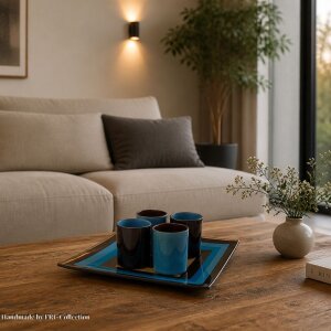 Tischdeko-Set: Glasteller + 4 Teelichtgläser, Blau-Braun