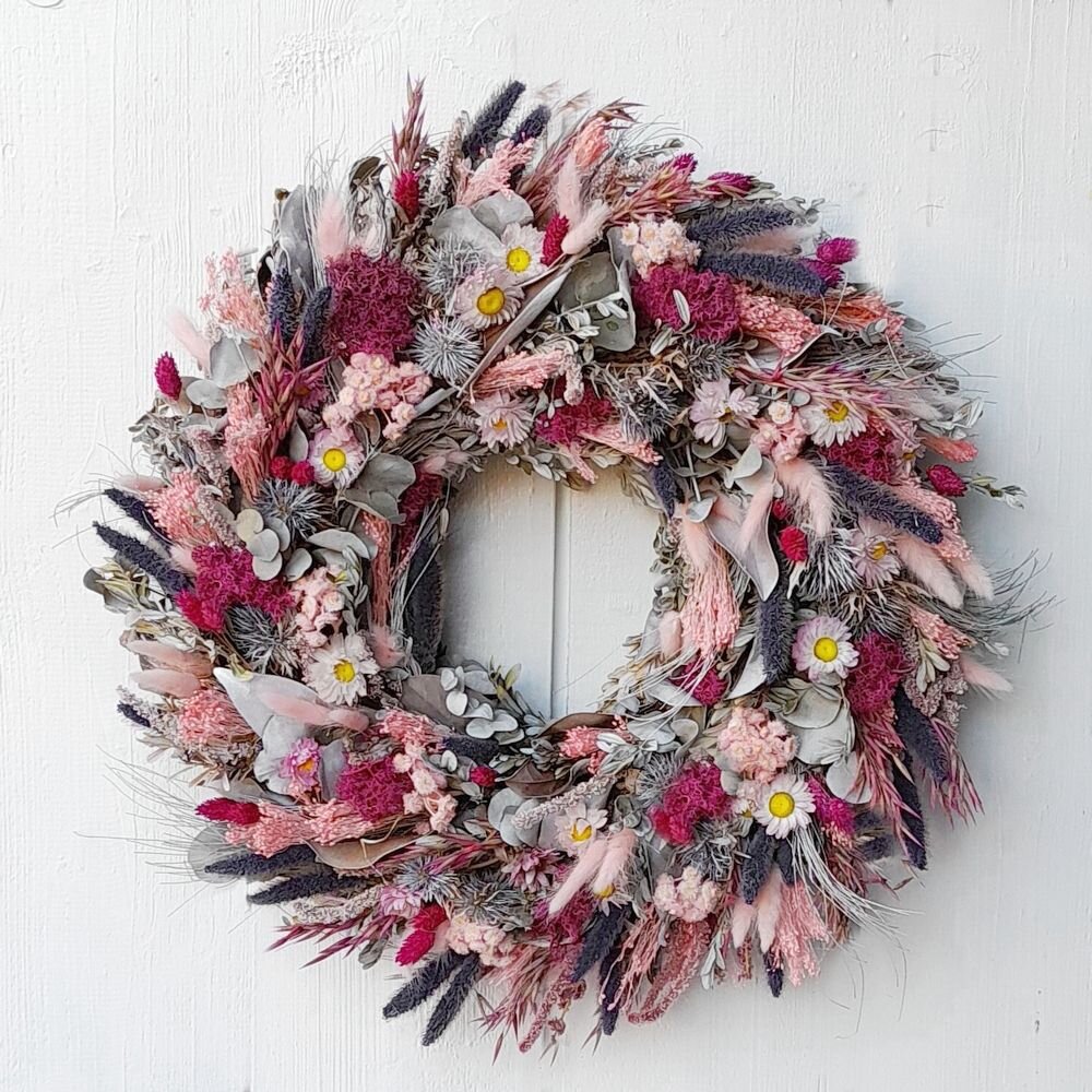 Türkranz "Blütensommer" mit  Hafer und rosa Strohblumen