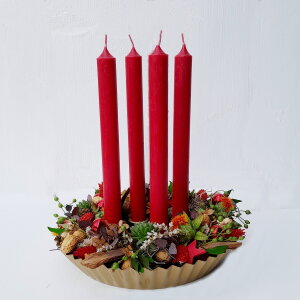 Adventsgesteck Rot Grün Gold mit 4 roten Stabkerzen...