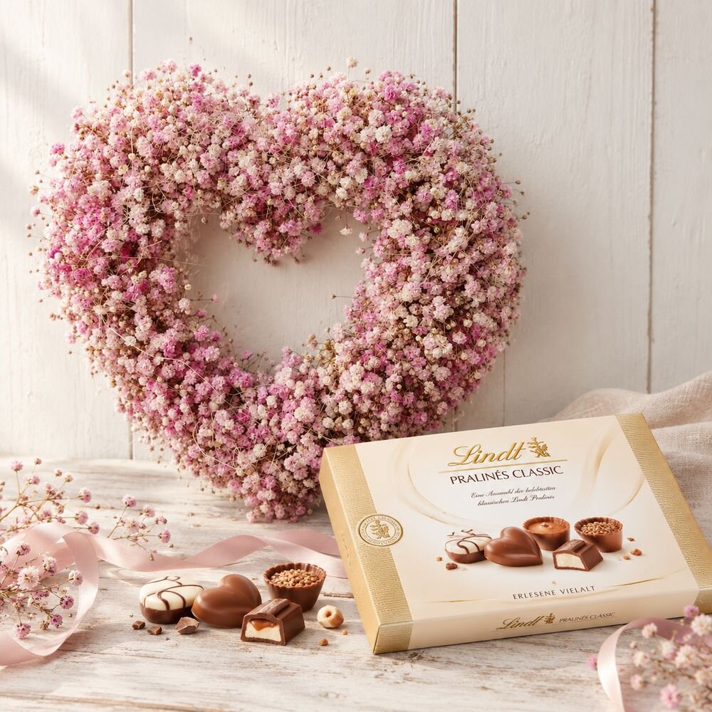 Rosa Schleierkrautherz mit Pralinés – handgefertigtes Geschenk