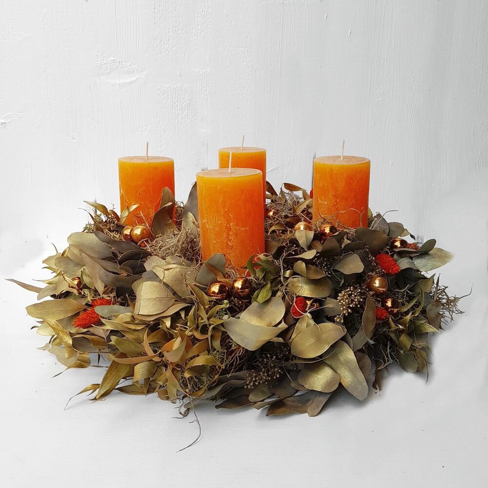 Adventskranz Orange & Gold mit 4 Kerzen – Unikat und handgefertigt