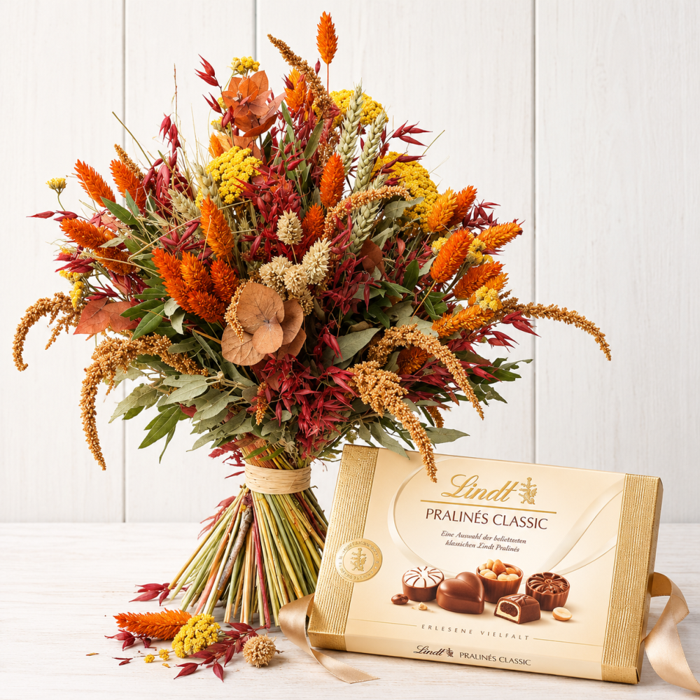 Trockenblumenstrauß Herbst in Gelb, Orange und Rot mit Pralinen