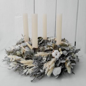 Adventskranz Naturweiß und Silbergrau mit 4...