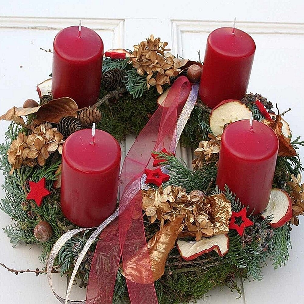 Adventskranz frisch mit 4 roten Kerzen 39 cm