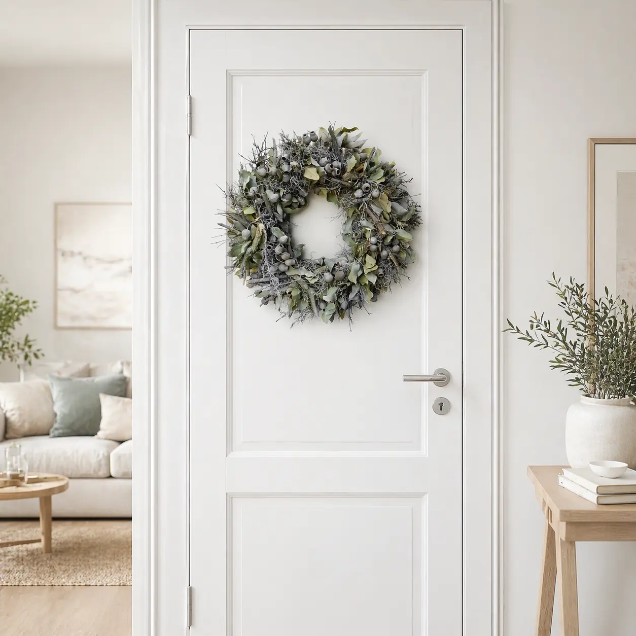 eine weiße Tür mit einem Türkranz von FRI-Collection