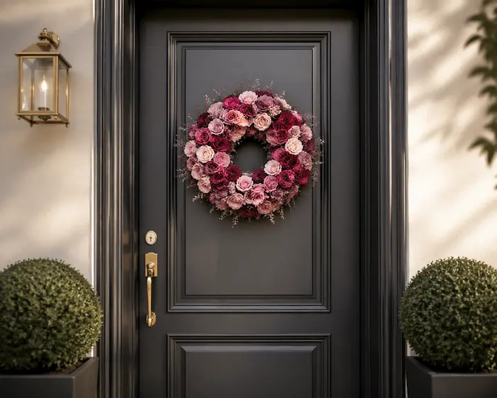 Türkranz an eine graue Tür mit einem Kranz von FRI-Collection