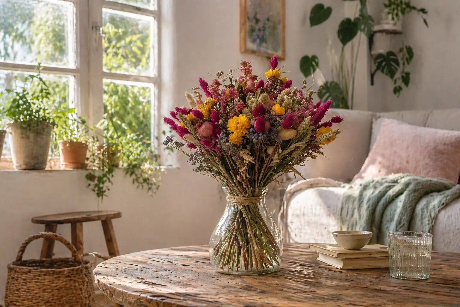 Trockenblumenstrauss-Natürliche-Harmony-in-eine-Glasvase-auf-einem-Holztisch